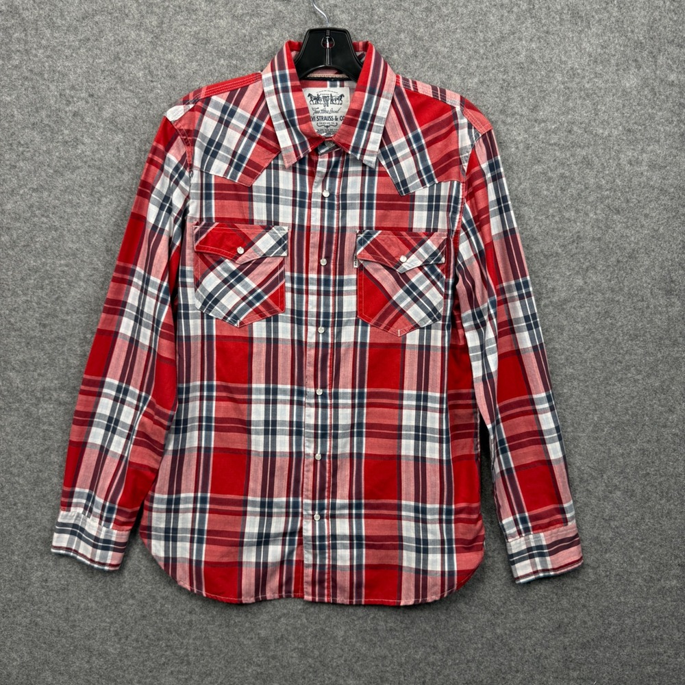 Levi Strauss & Co Mens‎ Western Pearl Snap Plaid Shirt Red White Blue Small